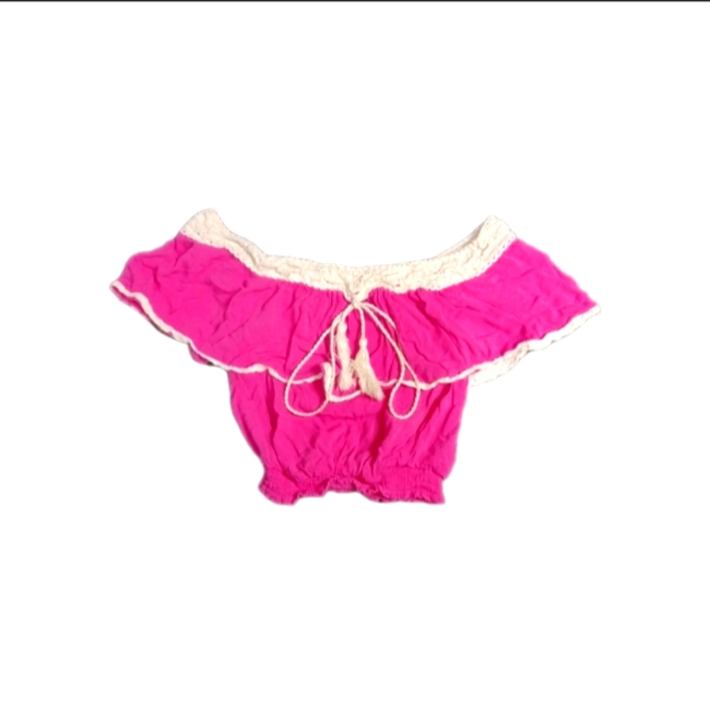 Pink Off-Shoulder Top with Cream Trim